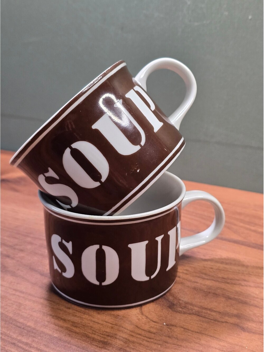 Set of Two Brown Ceramic Soup Mugs with White Lettering